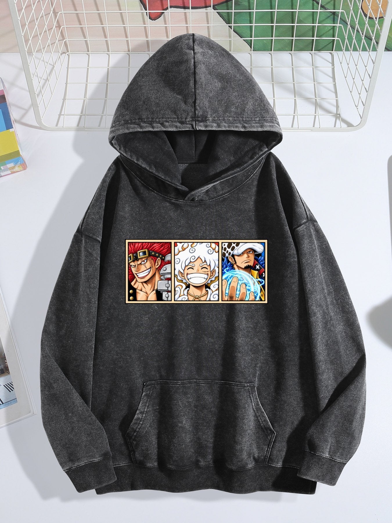One Piece Three‑Panel Character Vintage Wash Oversized Hoodie