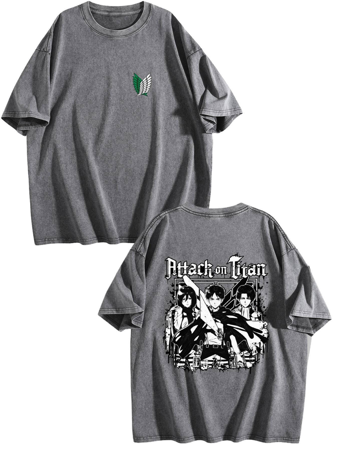 Attack on Titan Black White Group Print Vintage Washed Short‑Sleeve T‑Shirt
