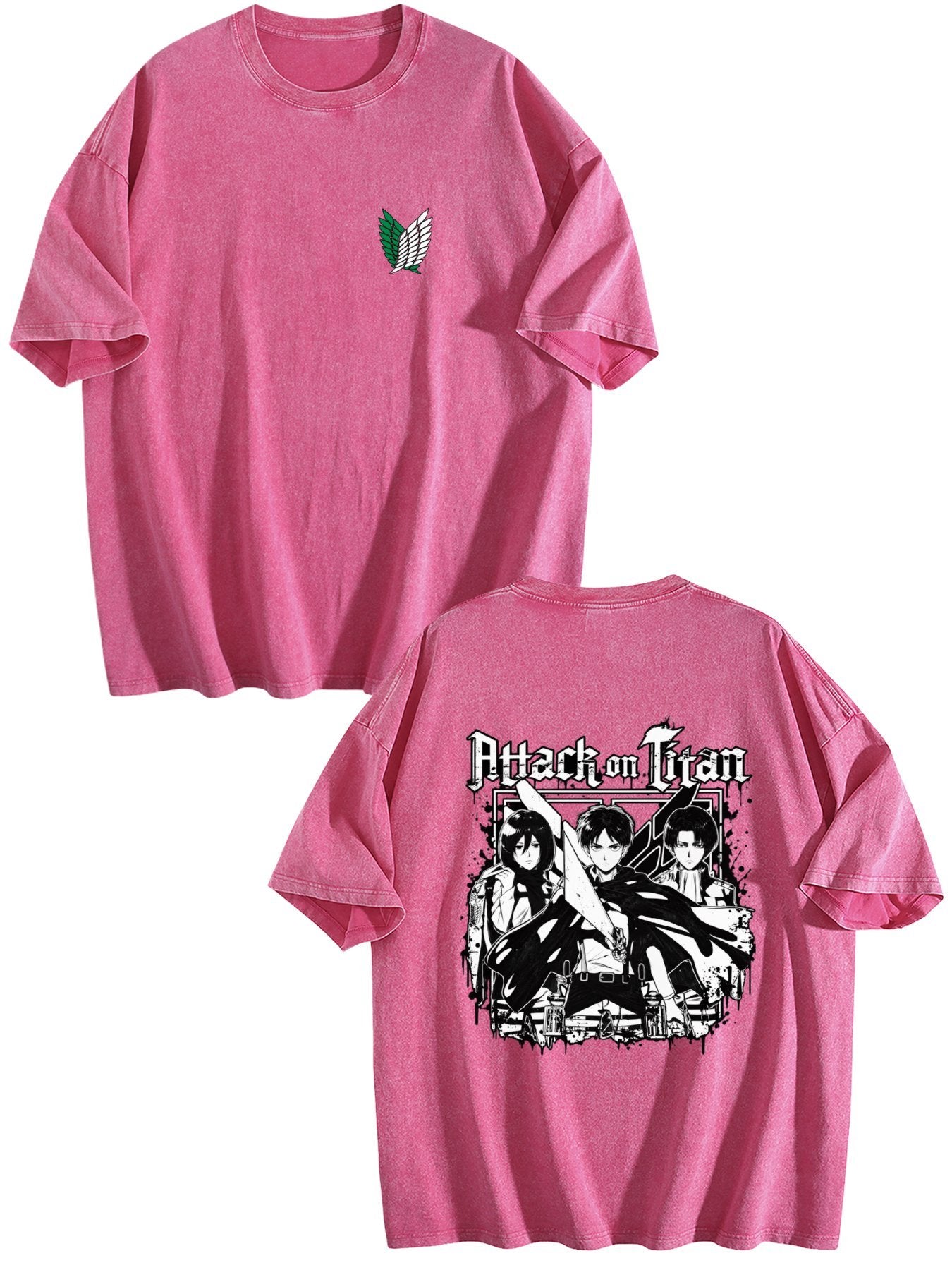 Attack on Titan Black White Group Print Vintage Washed Short‑Sleeve T‑Shirt
