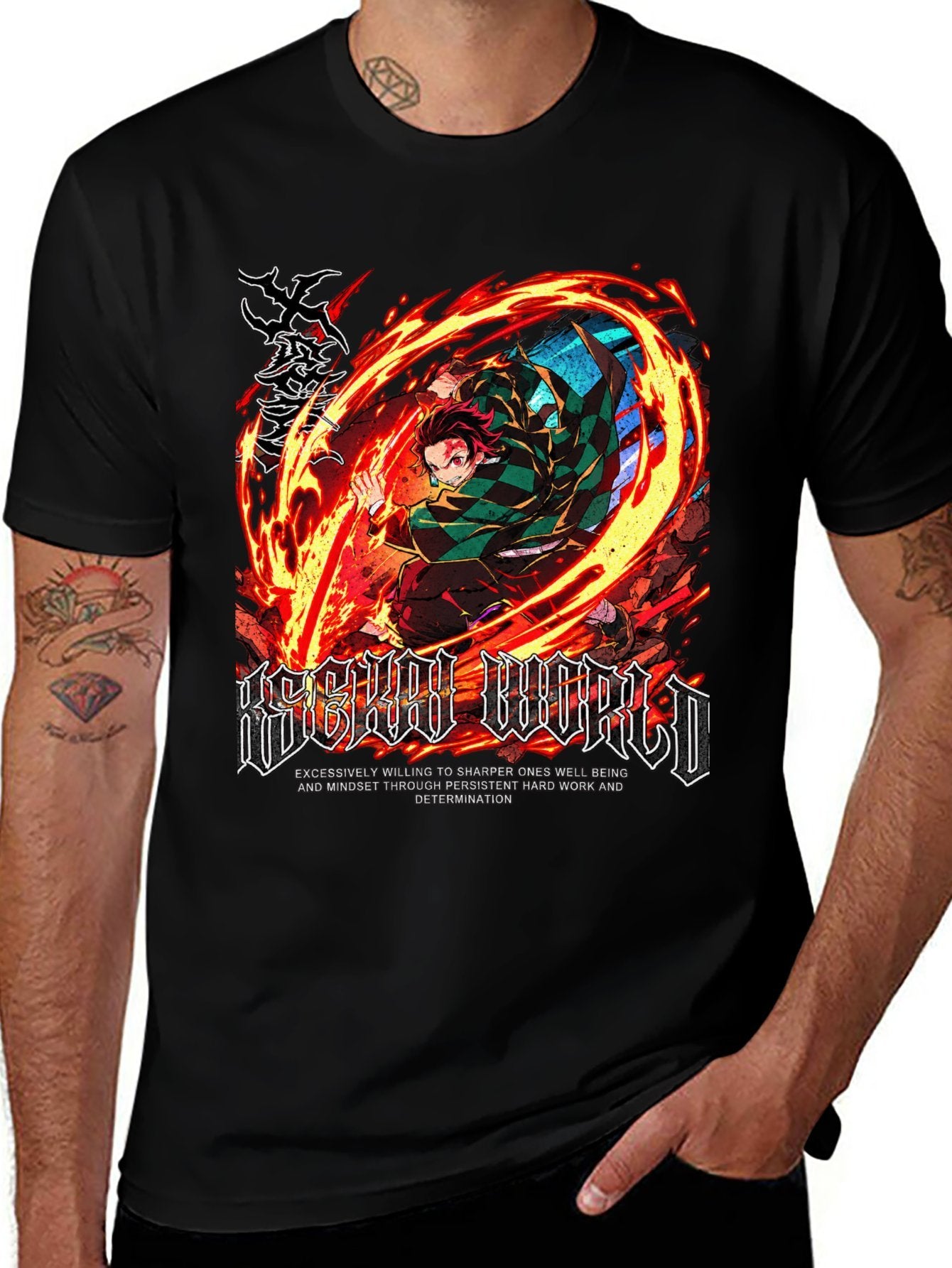 Demon Slayer Tanjiro Fire Breath Metal Style Graphic Men Tee