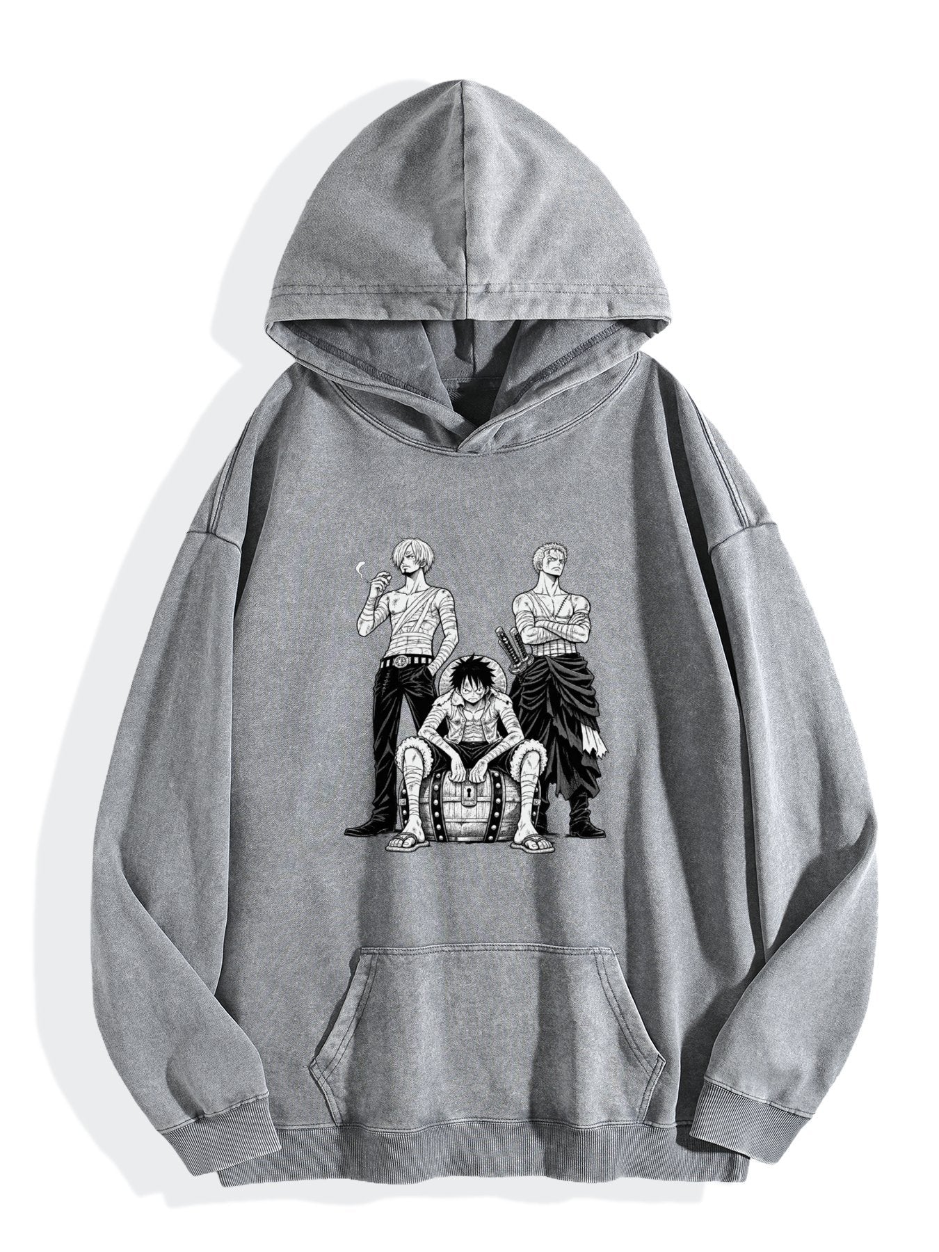 One Piece Three‑Character Group Vintage Wash Oversized Hoodie