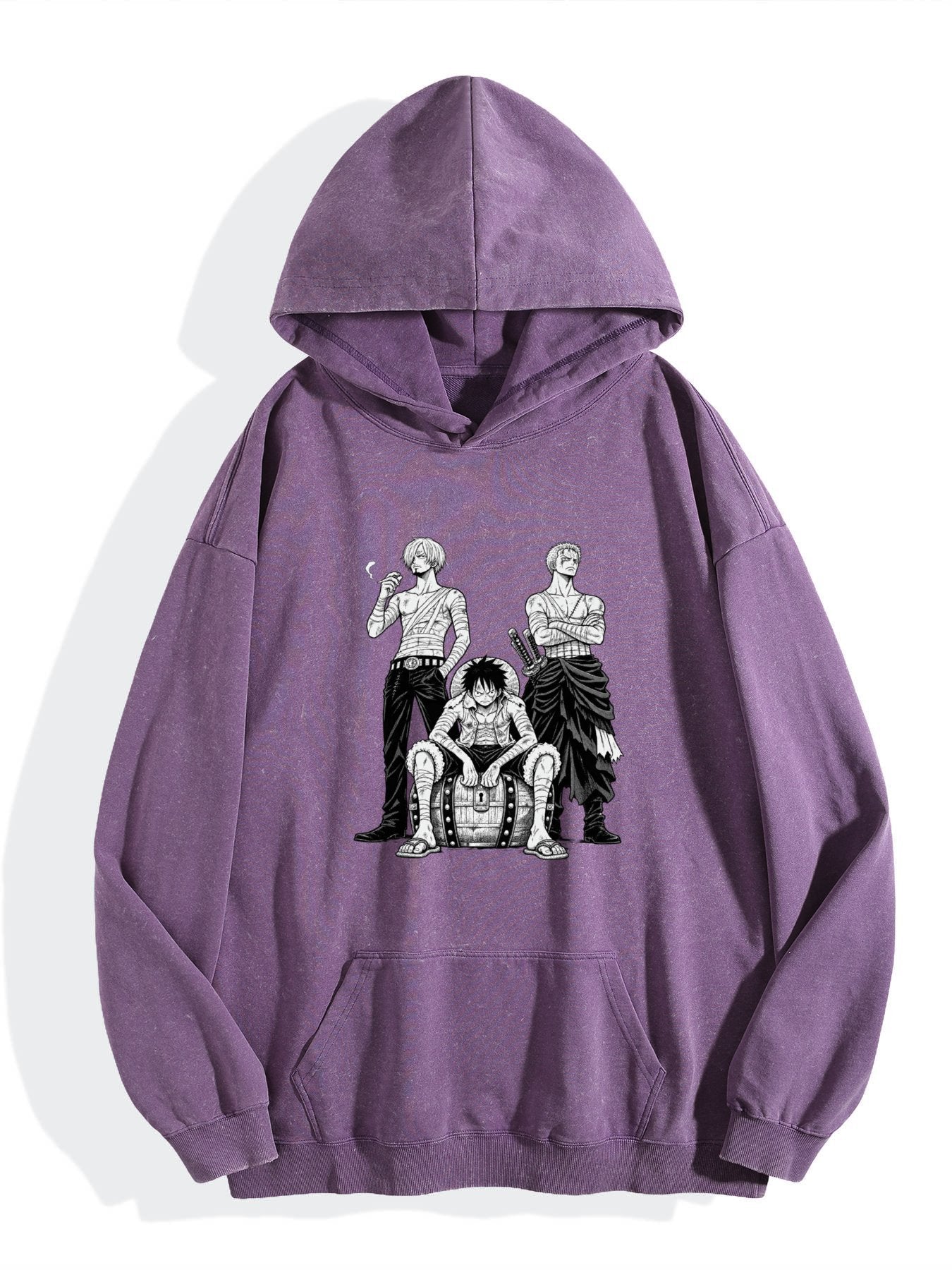 One Piece Three‑Character Group Vintage Wash Oversized Hoodie